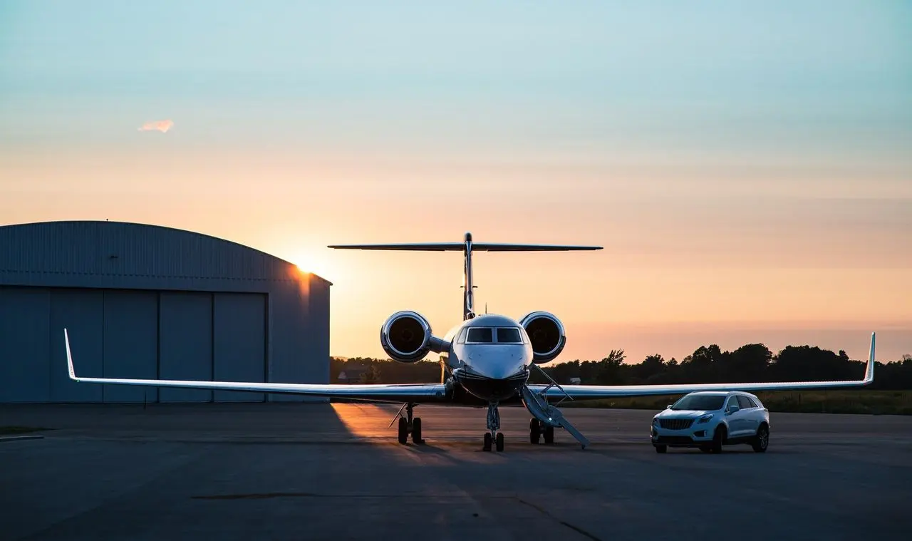Private jet at sunset beside a hangar