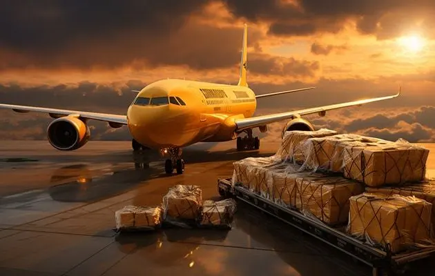 A freighter being loaded on the tarmac at sunset
