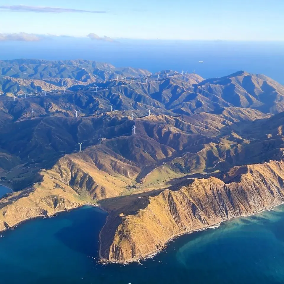 Aerial view of the Canterbury coastline and mountain ranges, New Zealand