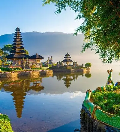 Pura Ulun Danu Bratan temple reflected in a lake in Bali