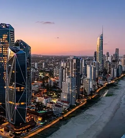 Gold Coast skyline and beach at dusk