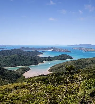 Hamilton Island and the Whitsunday waters from above