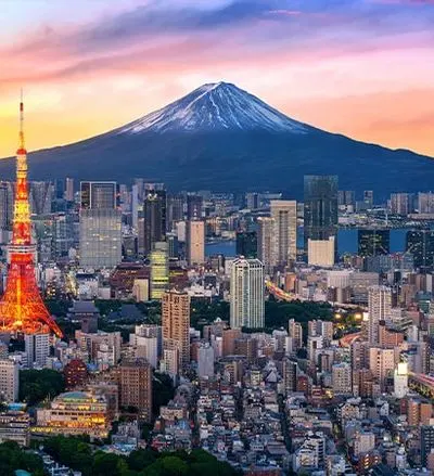 Tokyo skyline at sunset with Tokyo Tower and Mount Fuji