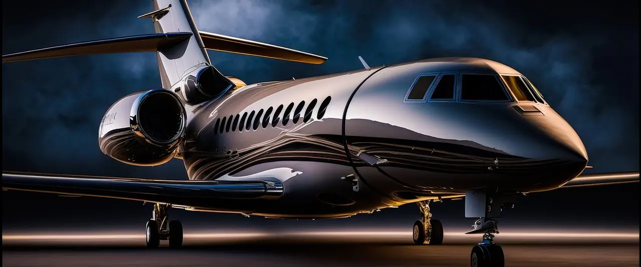 Private jet on the apron against a dark evening sky