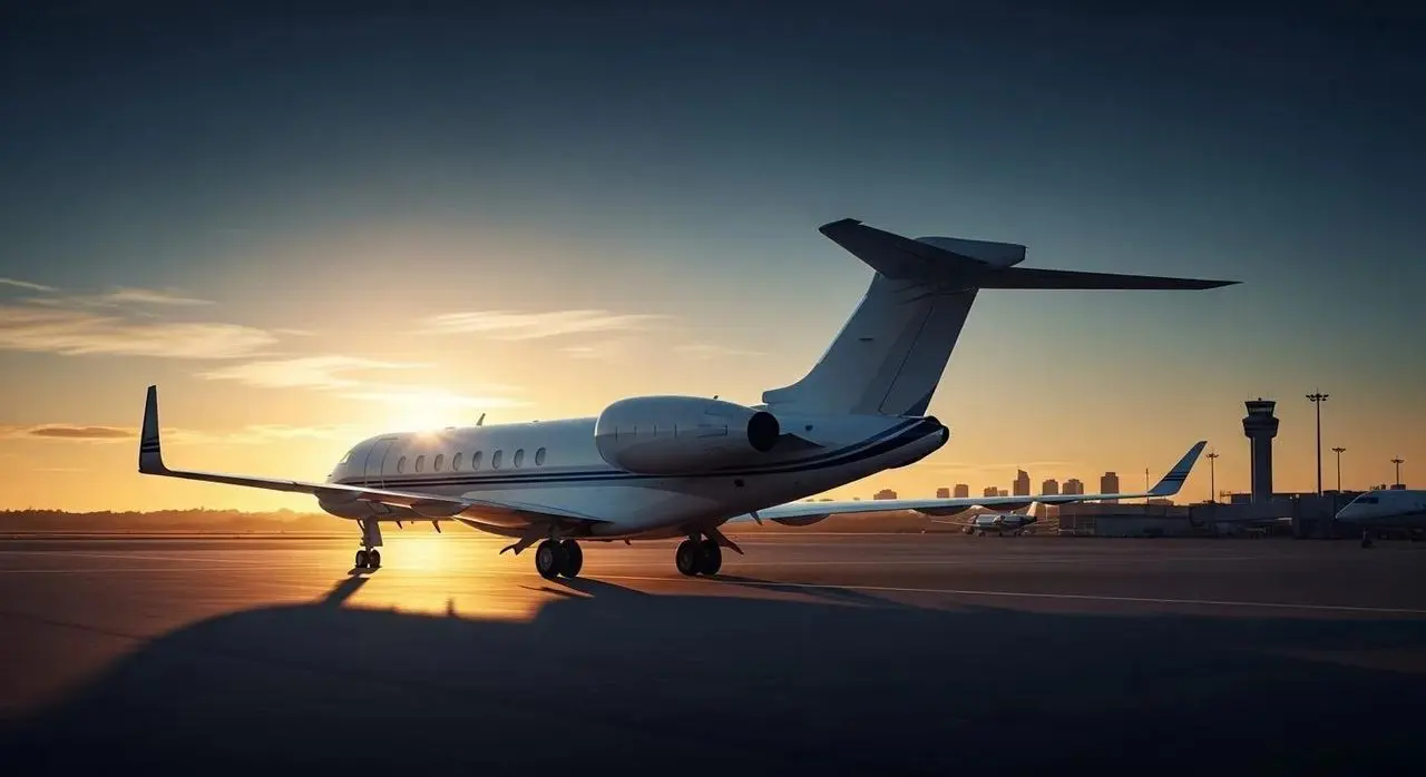Private jet on the apron at sunset with the control tower behind