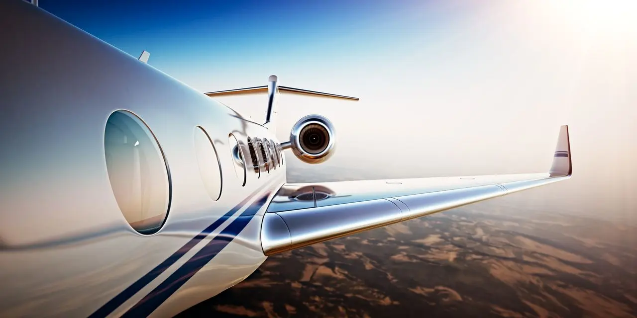 Looking along the fuselage of a private jet in flight towards the wing and engine