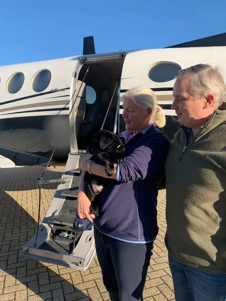 A couple carrying a black labrador puppy beside the open airstair of a private aircraft