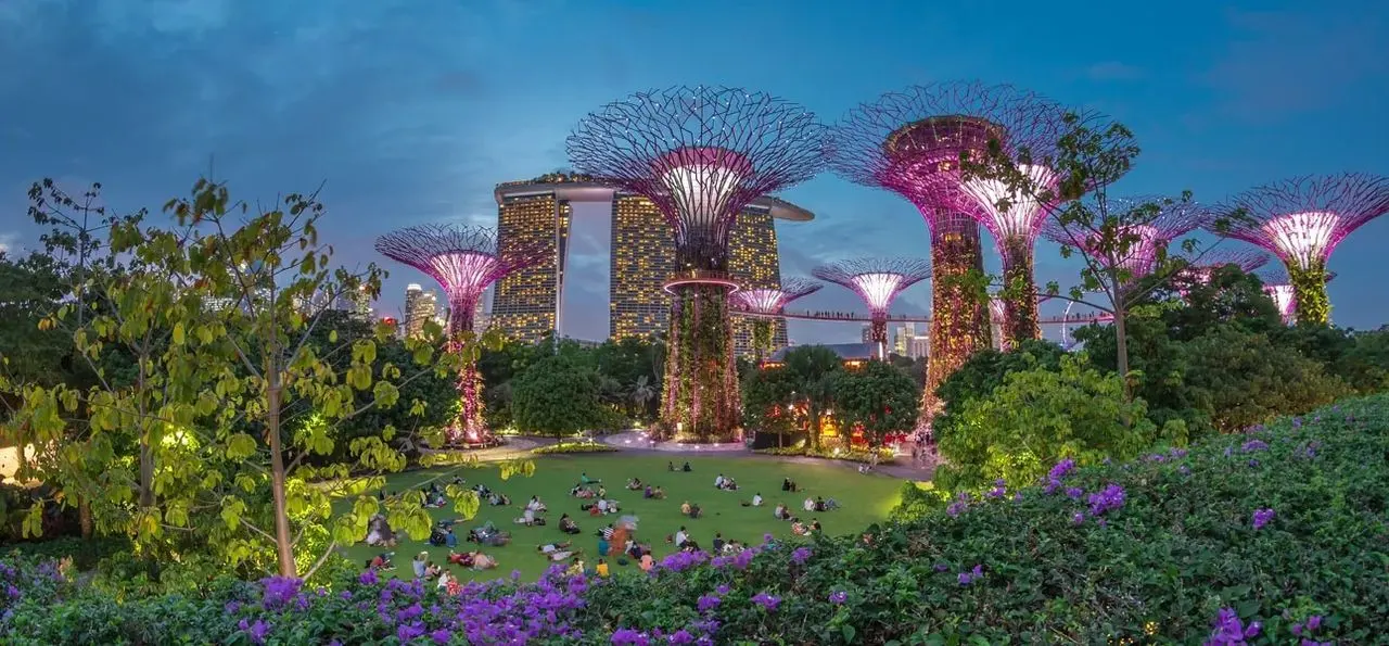 Gardens by the Bay illuminated at twilight