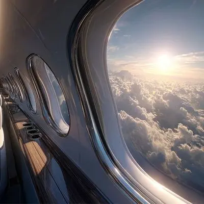 Clouds and the sun seen through a private jet cabin window